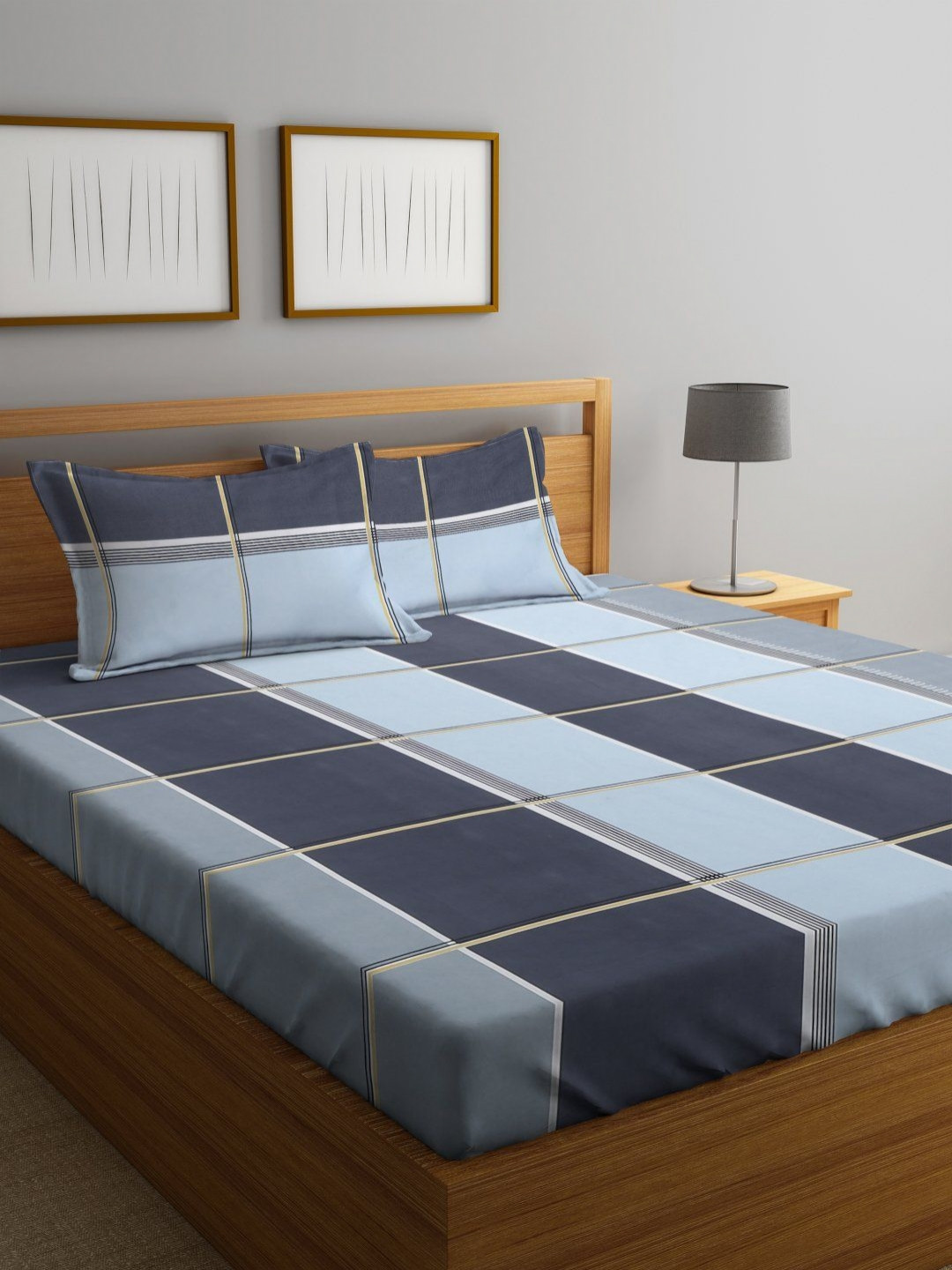 Myntra Elegant Homes Navy Blue & Black Printed 300 TC King Bedsheet Set 2.50 m x 2.20 m