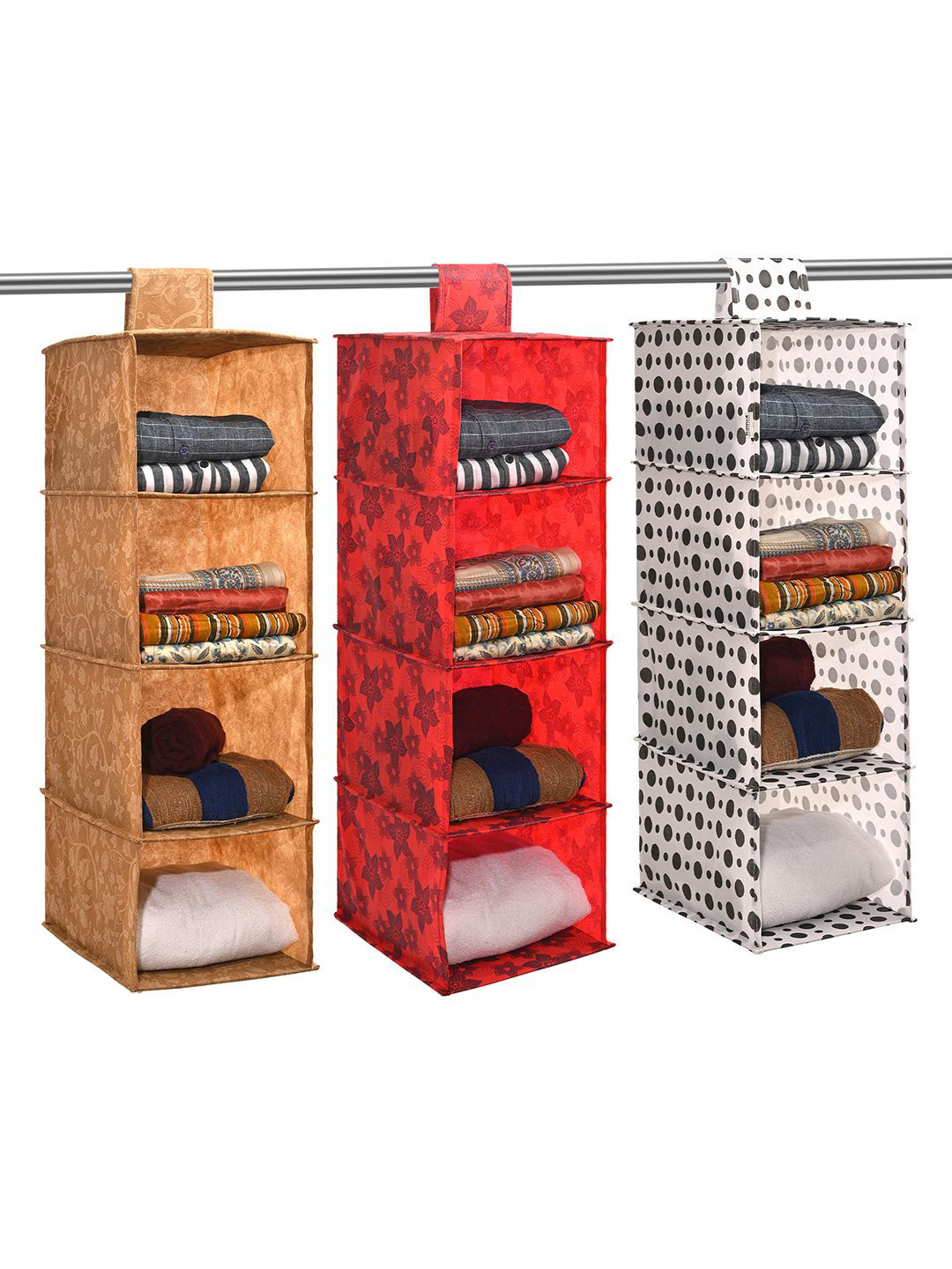 Kuber Industries 3 Pcs Brown & Red 4 Shelf Hanging Closet Organisers