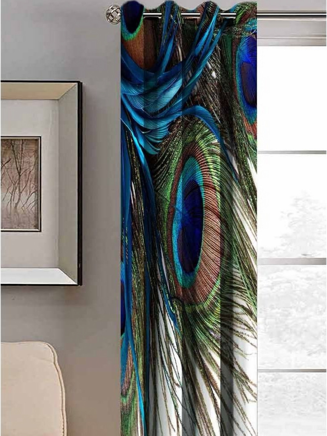 Aura White & Green Morphank Printed Light Blocking Window Curtain