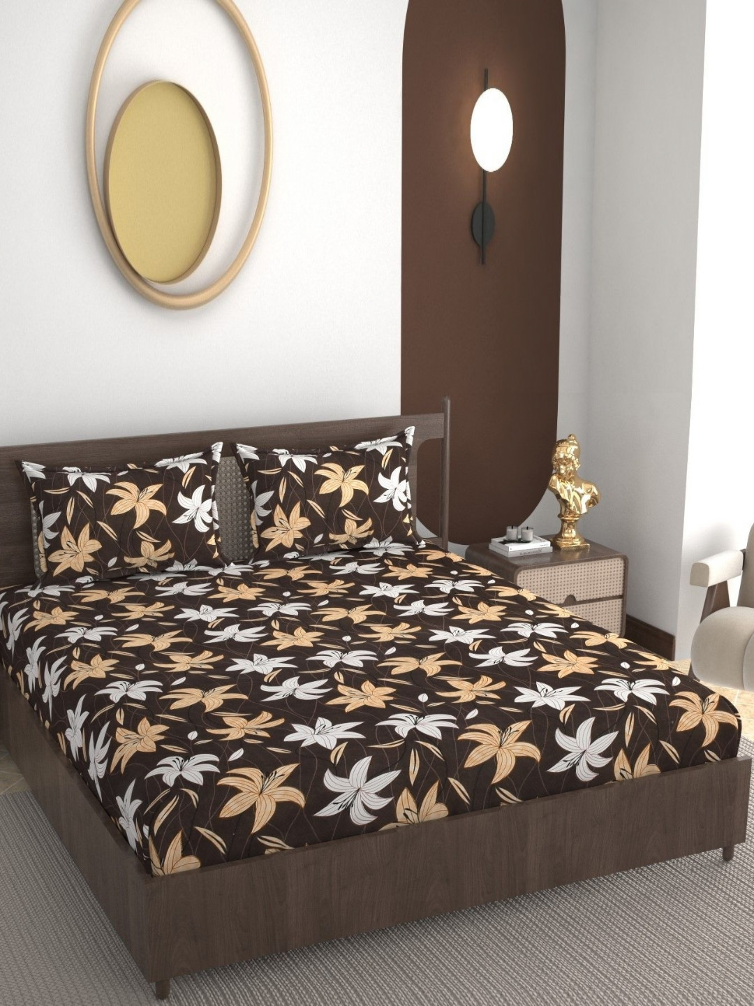 REALDREAM Presents Luxurious Black Floral Cotton 300 TC Fitted King Fine Bedsheet with 2 Pillow Covers-78 x 72 inches