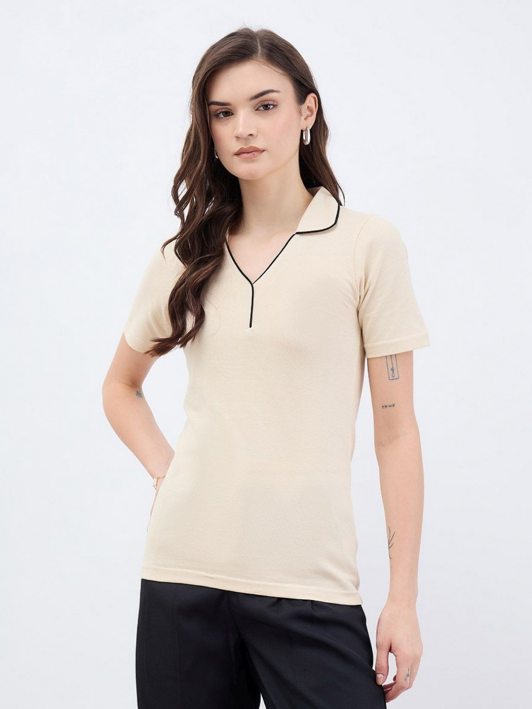 Styli Women Solid  Knitted Cotton Polo Collar Top