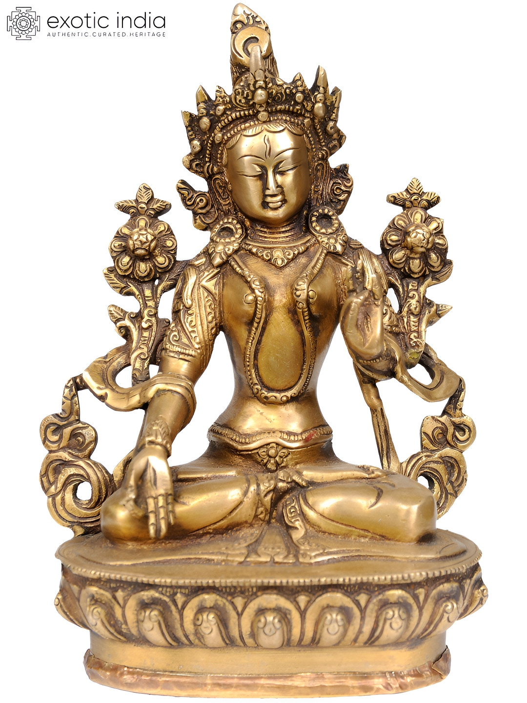 Exotic India Buddhist Deity Tara Gold Brass Metallic Living Room Hand Made Medium Showpiece - 9 Inches