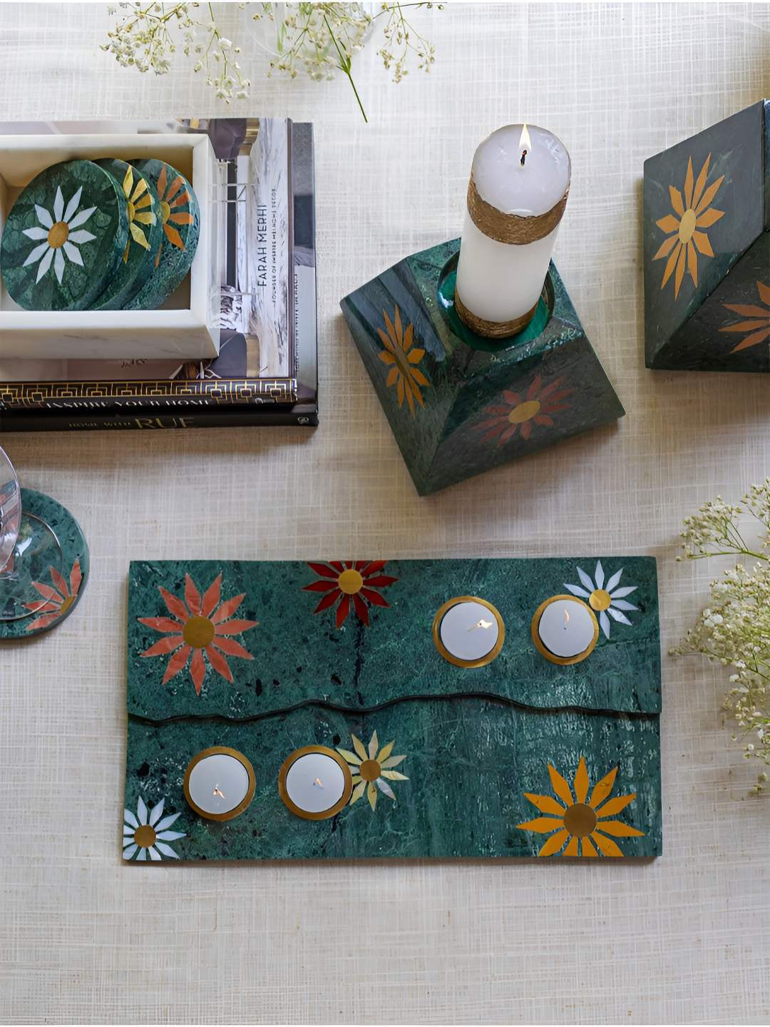 HOME COUTURE COLLECTIVE Green & White Stoneware Food Platter With Tea Light