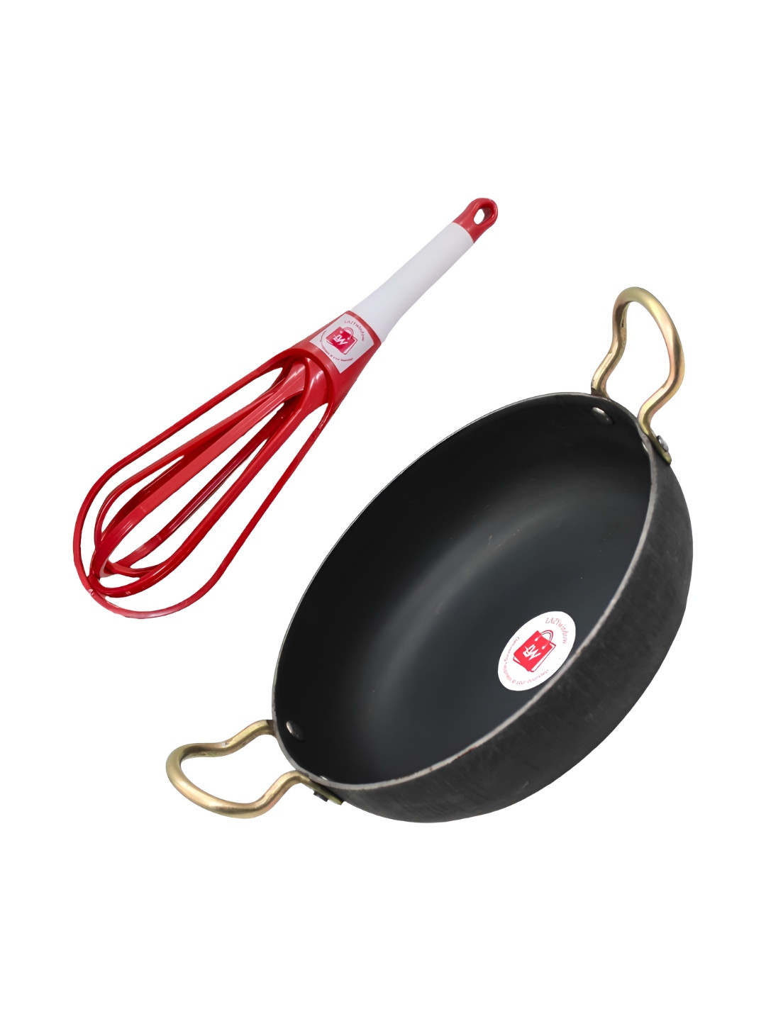 LAZYwindow Grey & Black Kadhai and Wok With Hand Whisker