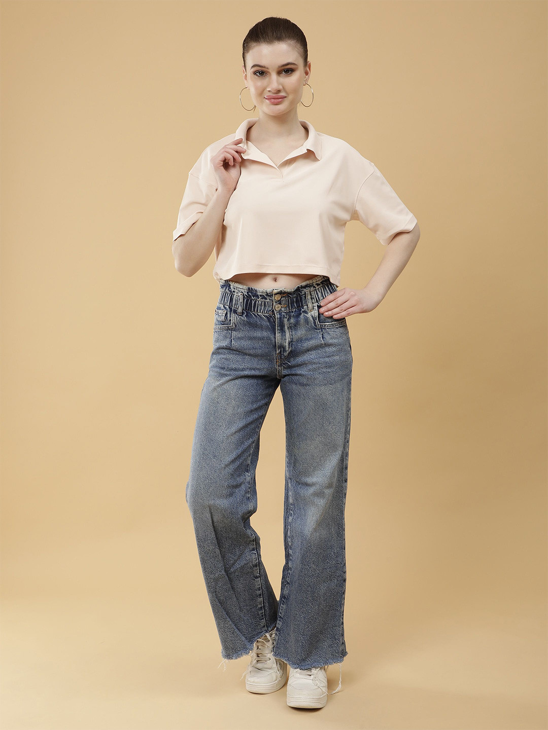The Roadster Lifestyle Co. Polo Collar Short Sleeves Oversized Crop T-Shirt
