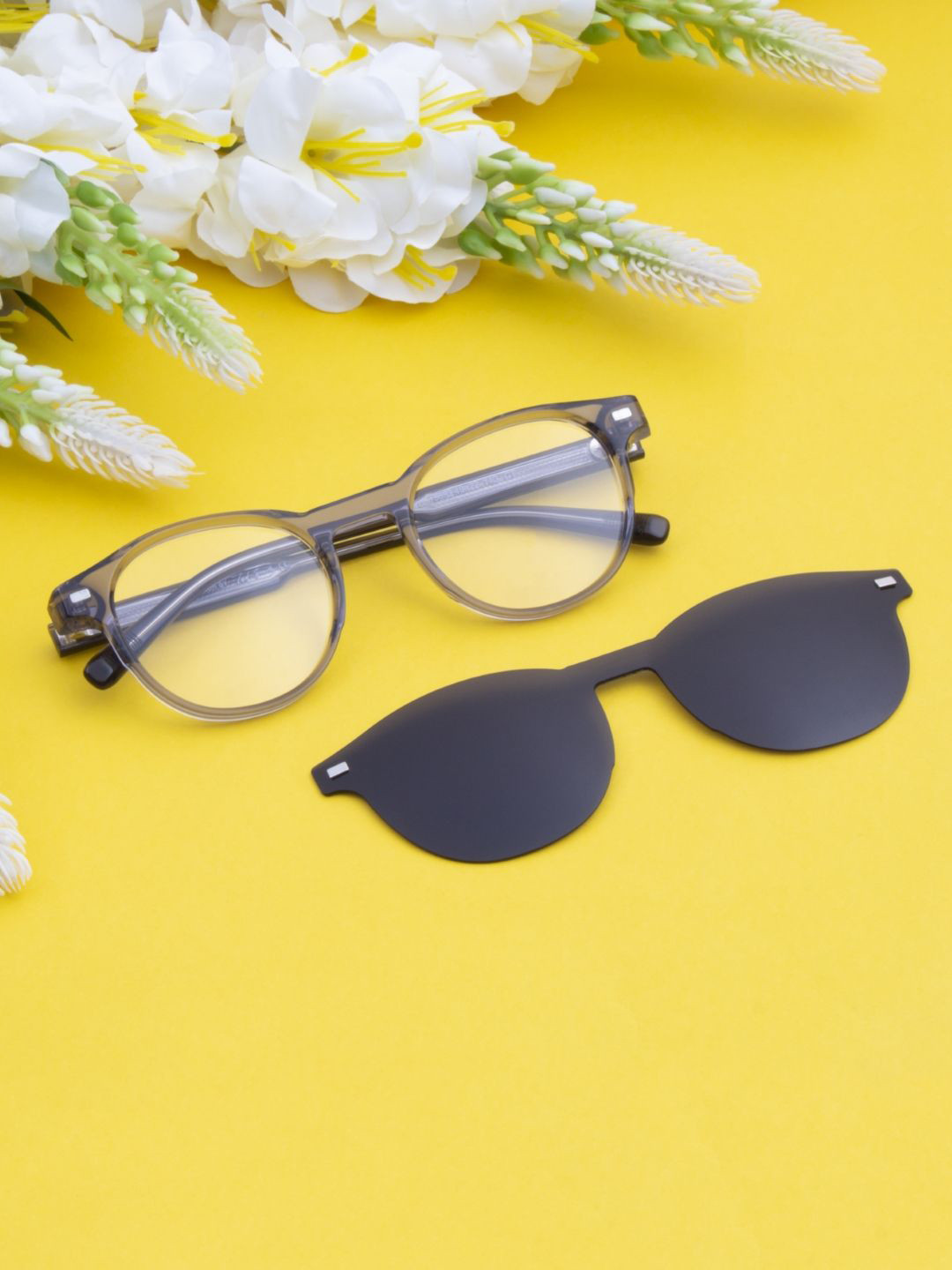 Ted Smith Unisex Grey-Black Round Acetate Clip On Frames Clip On Sunglasses With Polarized Lens