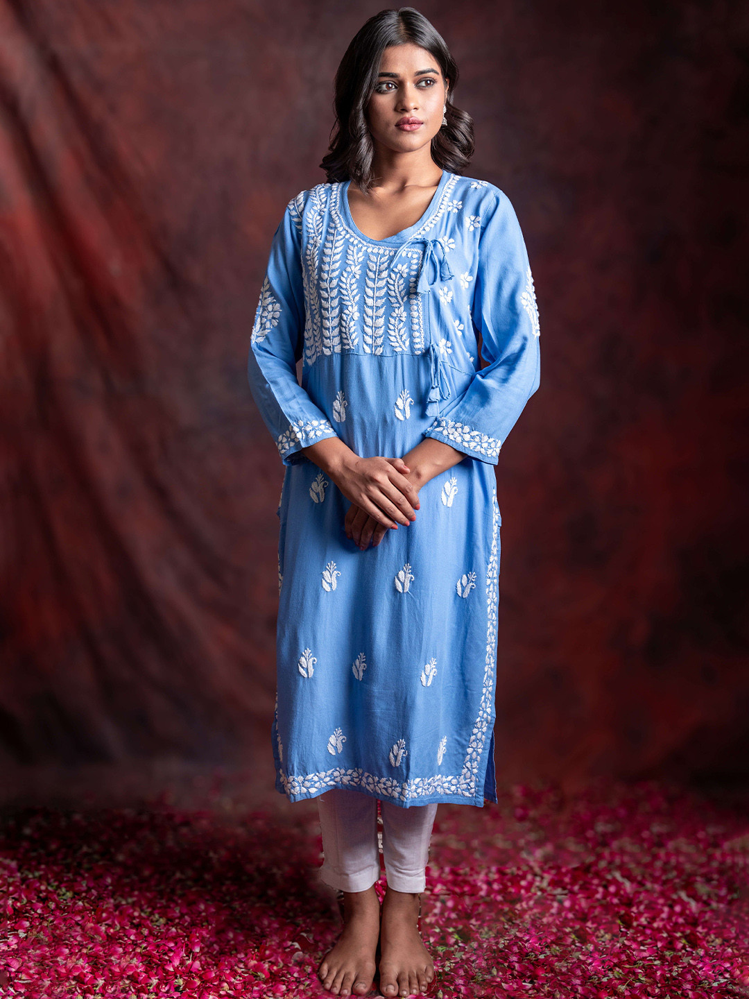 GHARANA INDIA Floral Embroidered Chikankari in Angrakha Style Straight Kurta