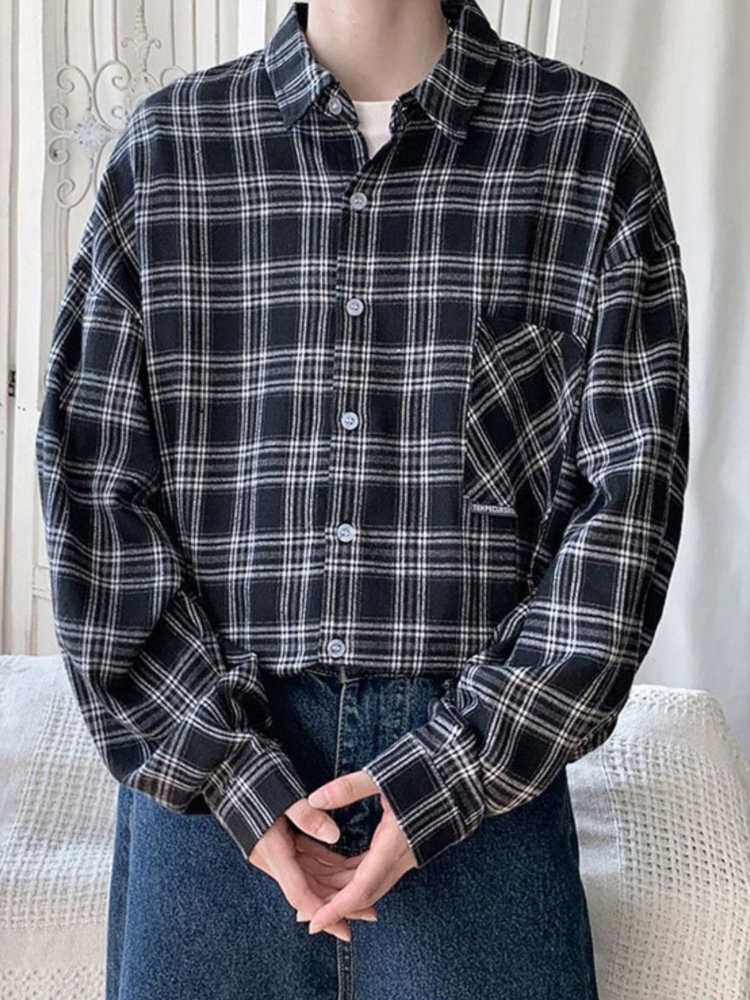 KPOP Original Shepherd Checked Spread Collar Long Sleeves Cotton Original Fit Casual Shirt