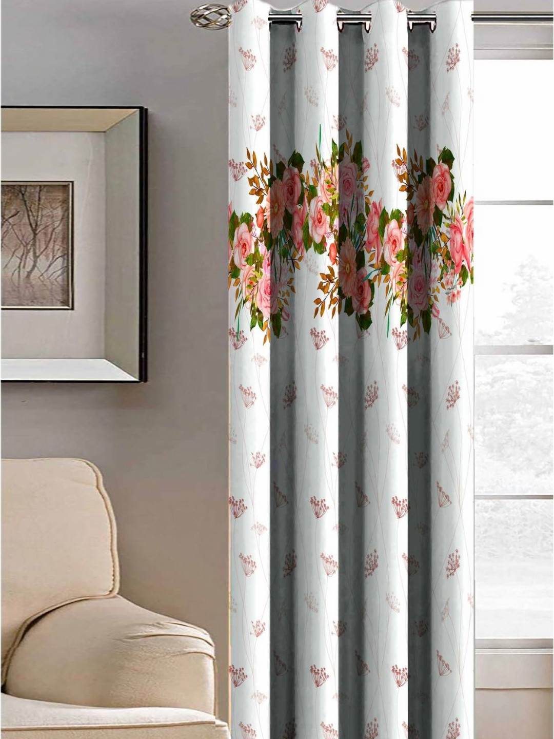 Aura Multicoloured & Pink Floral Strip Printed Light Blocking Long Door Curtain