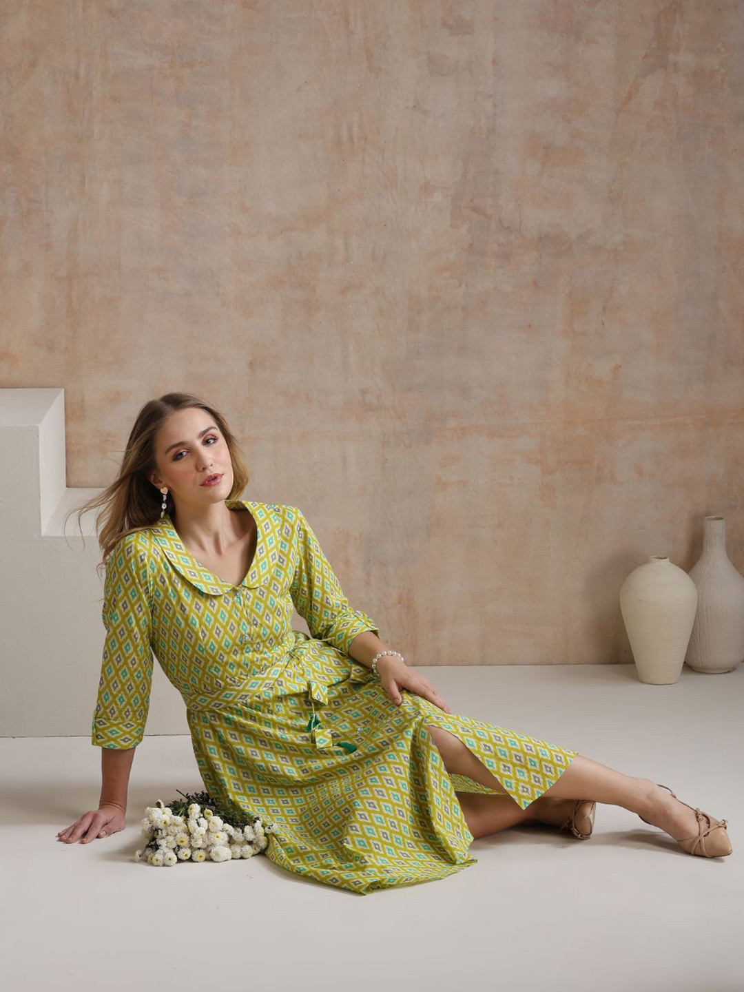 Khushal K Women Printed Peter Pan Collar A-Line Maxi Dress