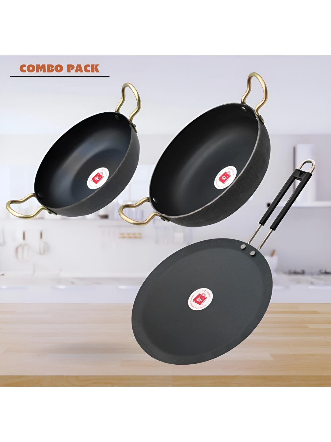 LAZYwindow Black 3 Pieces Iron Tawa, Kadhai