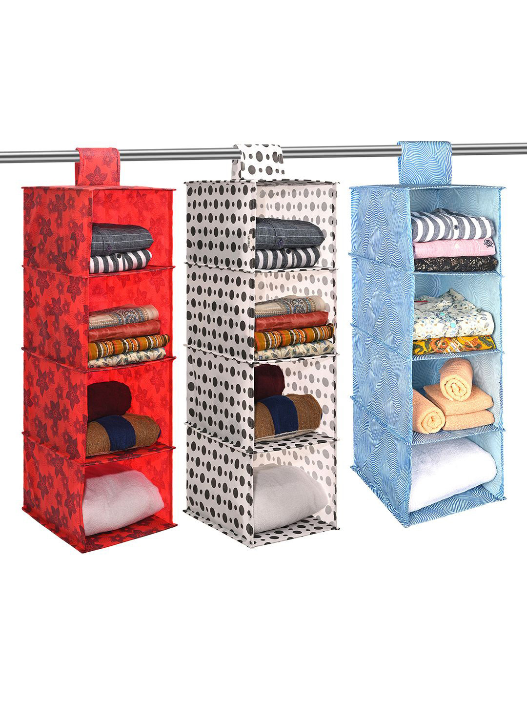 Kuber Industries 3 Pcs Red & Blue 4 Shelf Hanging Closet Organisers