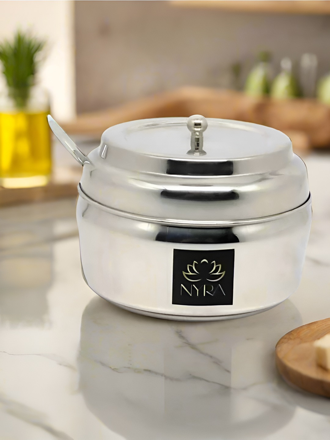 Nyra Kitchenware Stainless Steel Ghee Pot With Spoon Oil Dispenser-350 ml