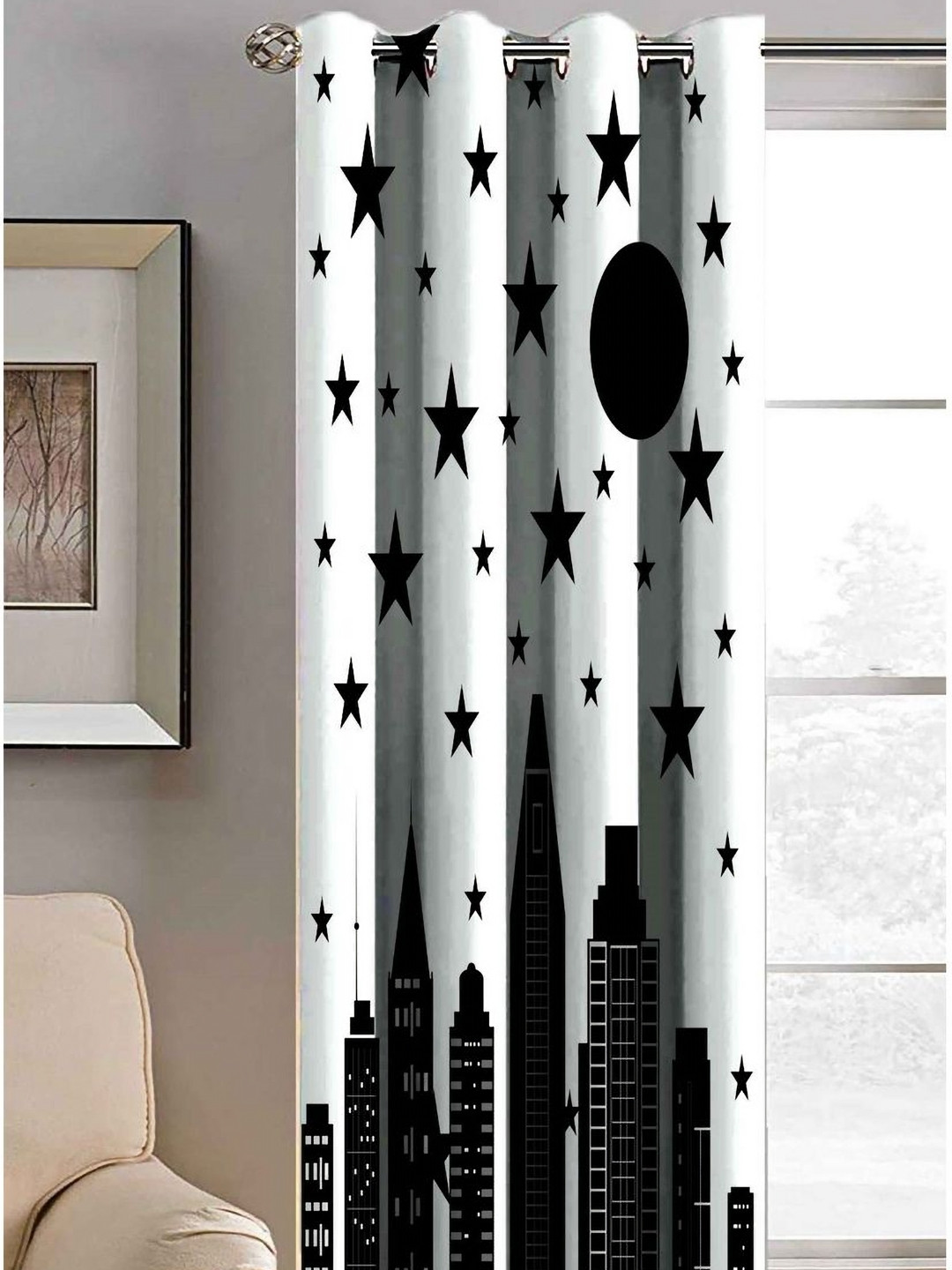 Aura White & Black Night View Printed Light Blocking Door Curtain
