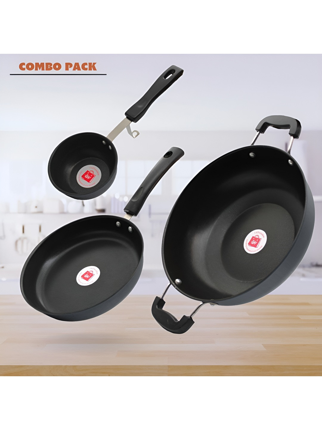 LAZYwindow Black 3 Pieces Iron Kadhai, Tadka Pan And Fry Pan