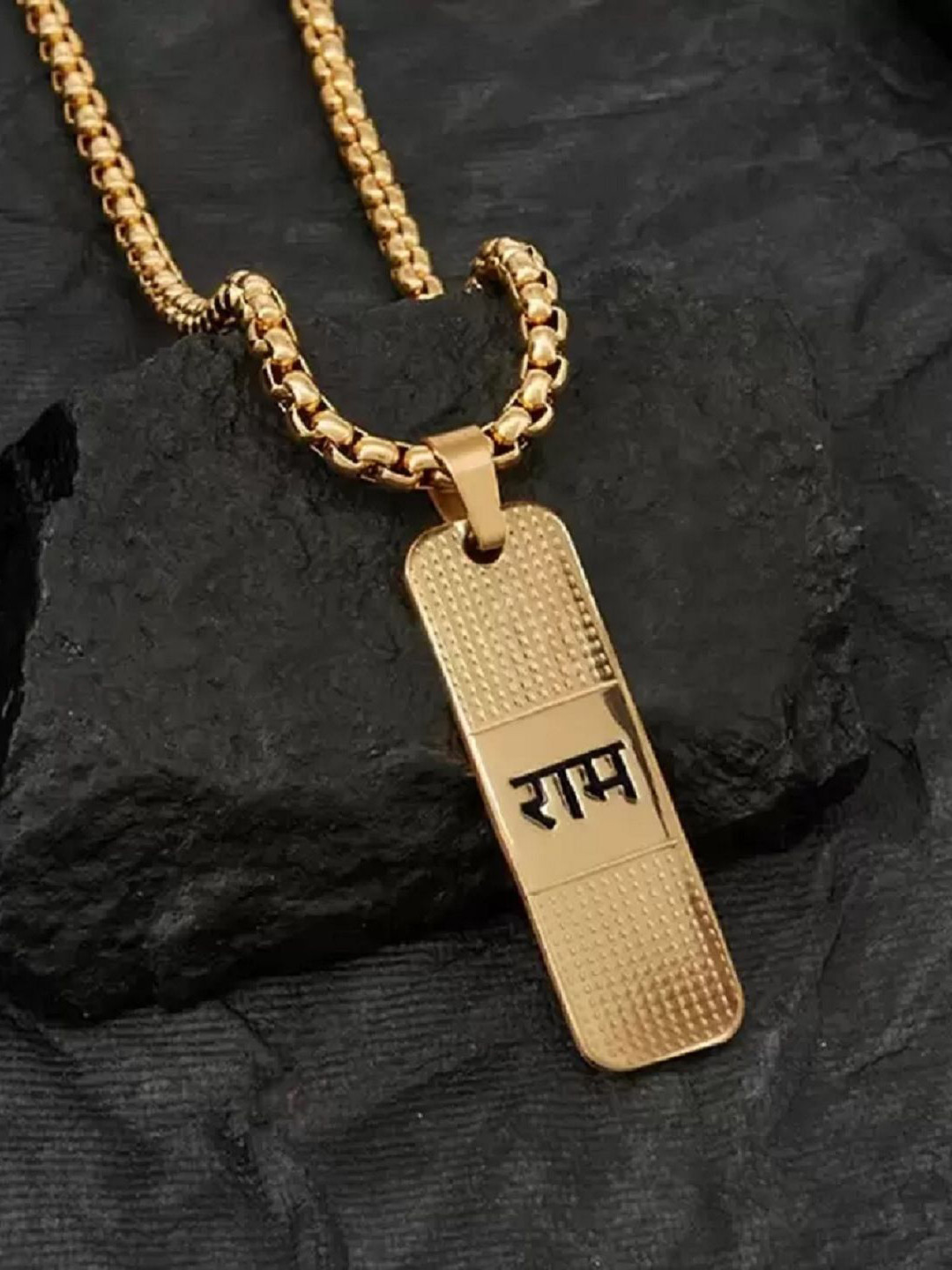 SZN Men Gold-Plated Rectangular Ram Design Pendant with Chain