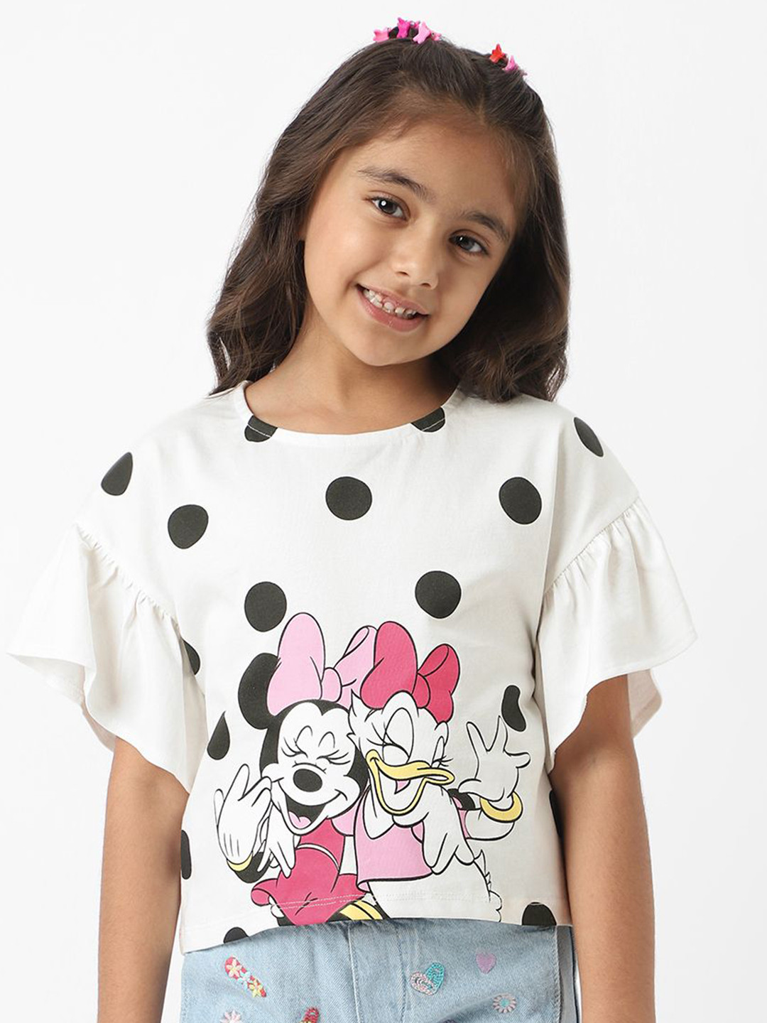 Nauti Nati Disney Girls Cotton Minnie Mouse & Daisy Polka Printed Flare Sleeves Top