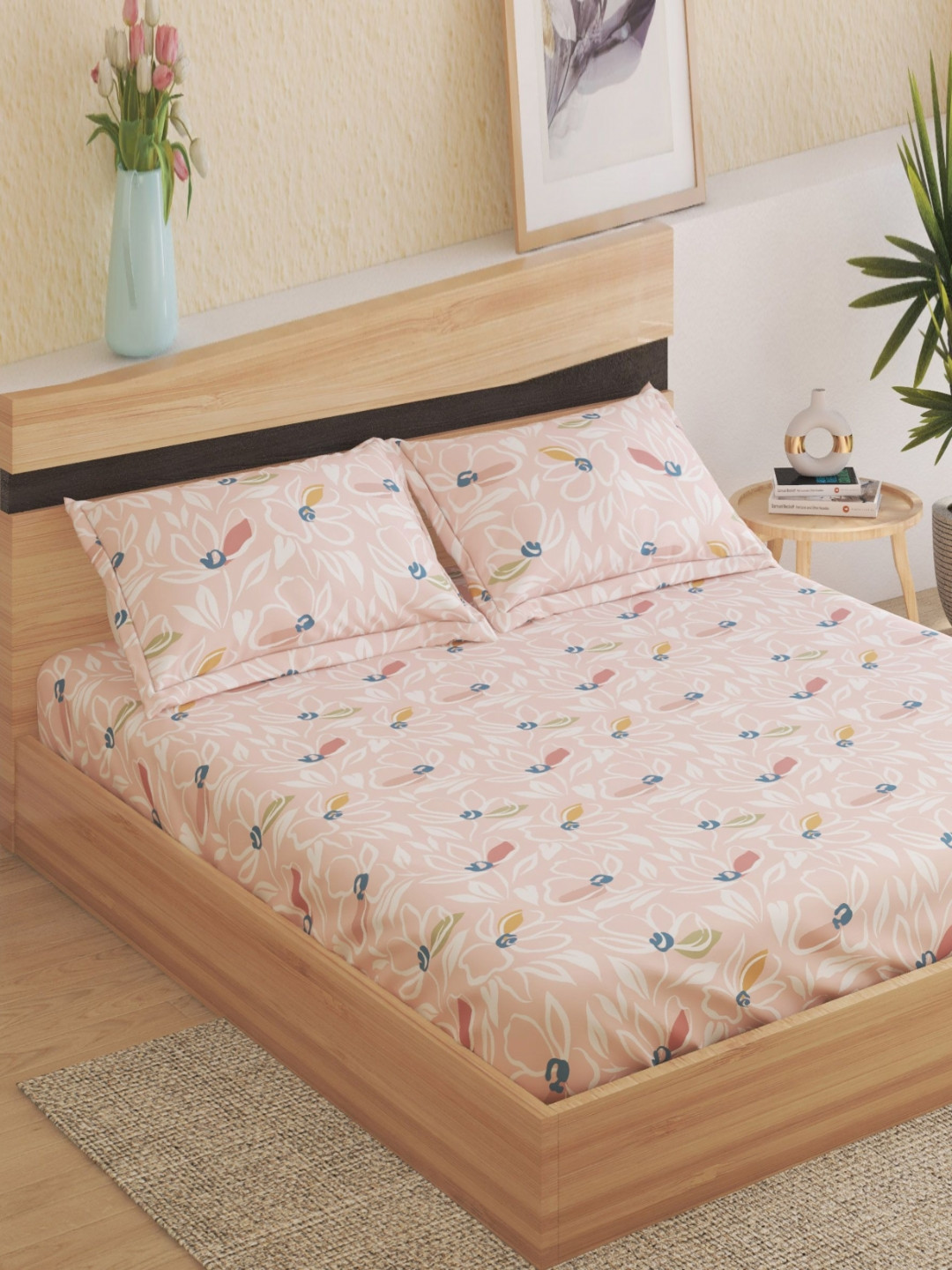 Home Centre Pink Conversational Polyester 160 TC Queen Bedsheet with 2 Pillow Covers-240 x 220 cm