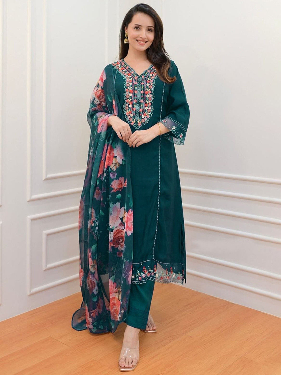 WAZIX Clothing Floral Embroidered V-Neck A-Line Kurta With Trousers And Dupatta