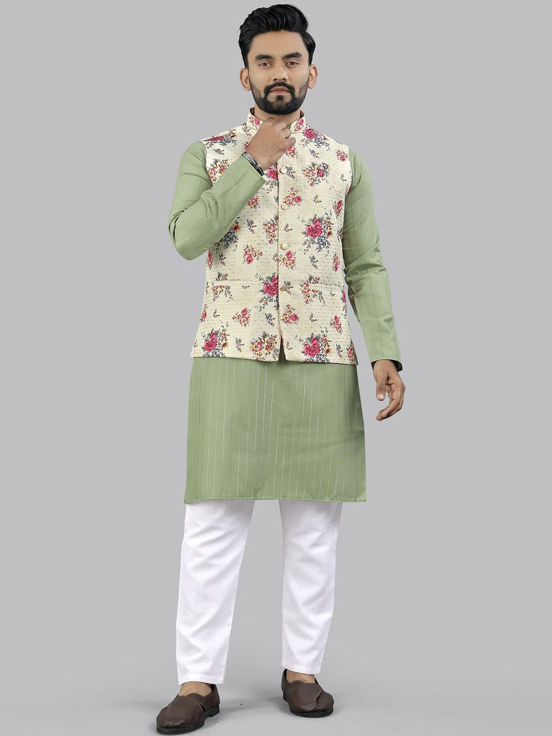 Leipzig Fashion Men Floral Printed Kurta with Pyjama & Nehru Jacket
