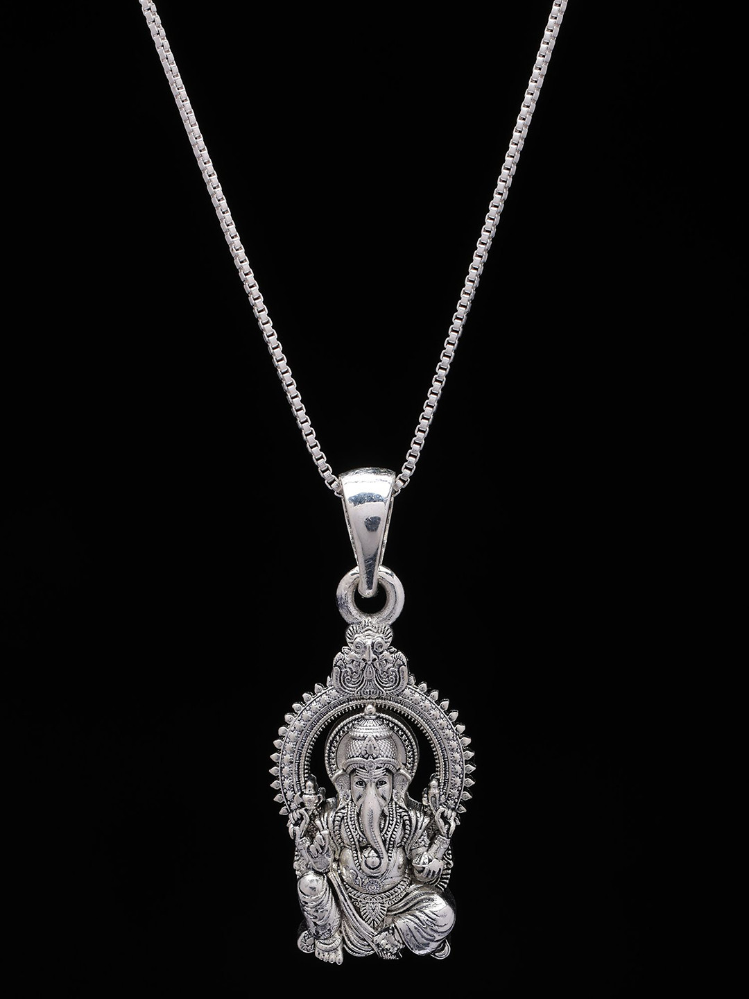 Exotic India Unisex 925 Sterling Silver Seated Chaturbhuja Lord Ganesha Pendant