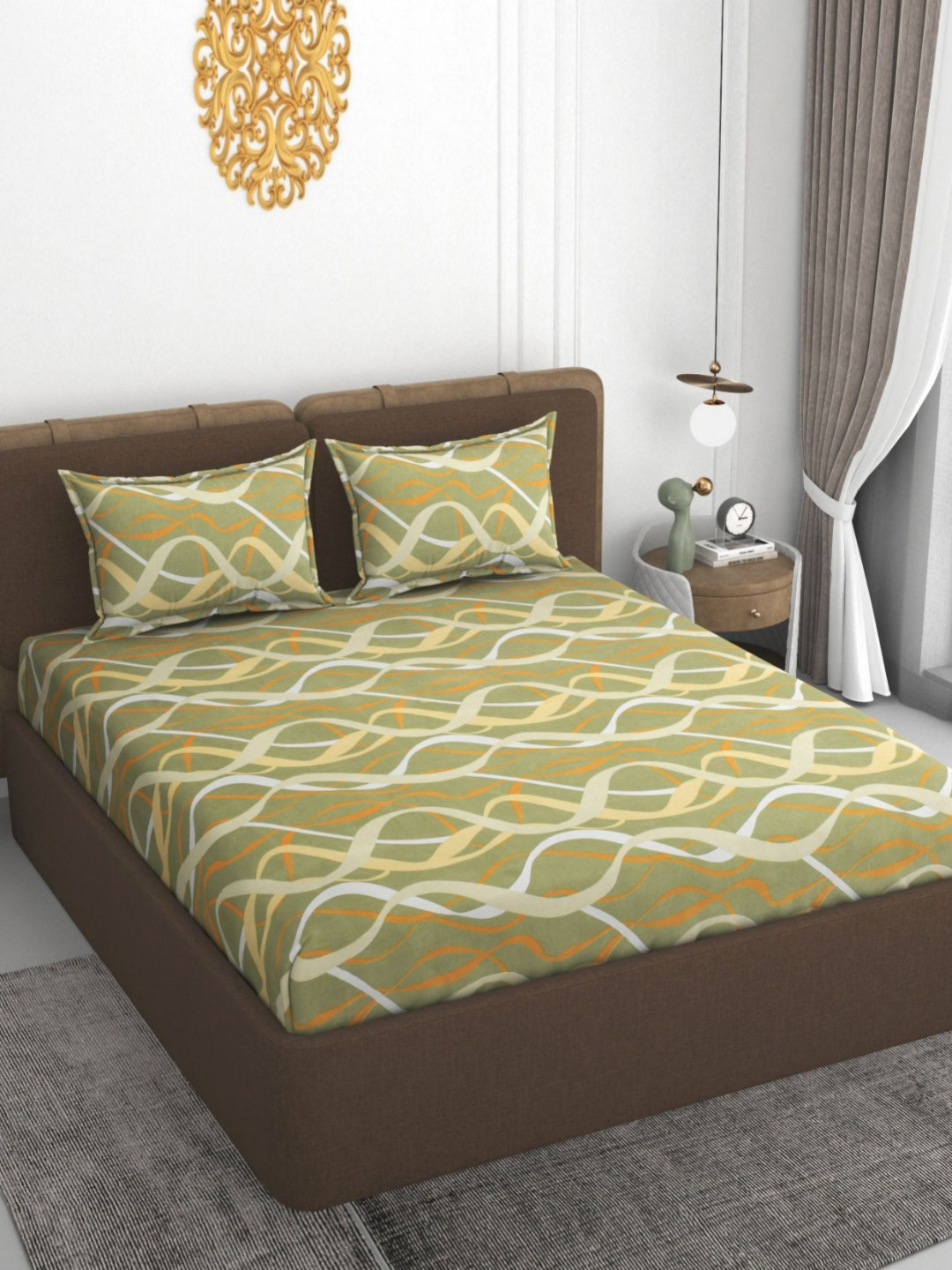 VOMZER Wave Green Abstract Cotton 210 TC Fitted King Fine Bedsheet with 2 Pillow Covers-78 x 72 inches