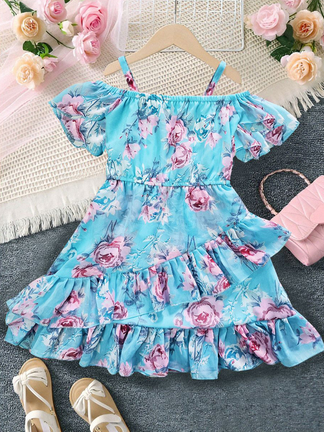 KRISHTINA Girls Floral Printed Georgette Fit & Flare Midi Dress