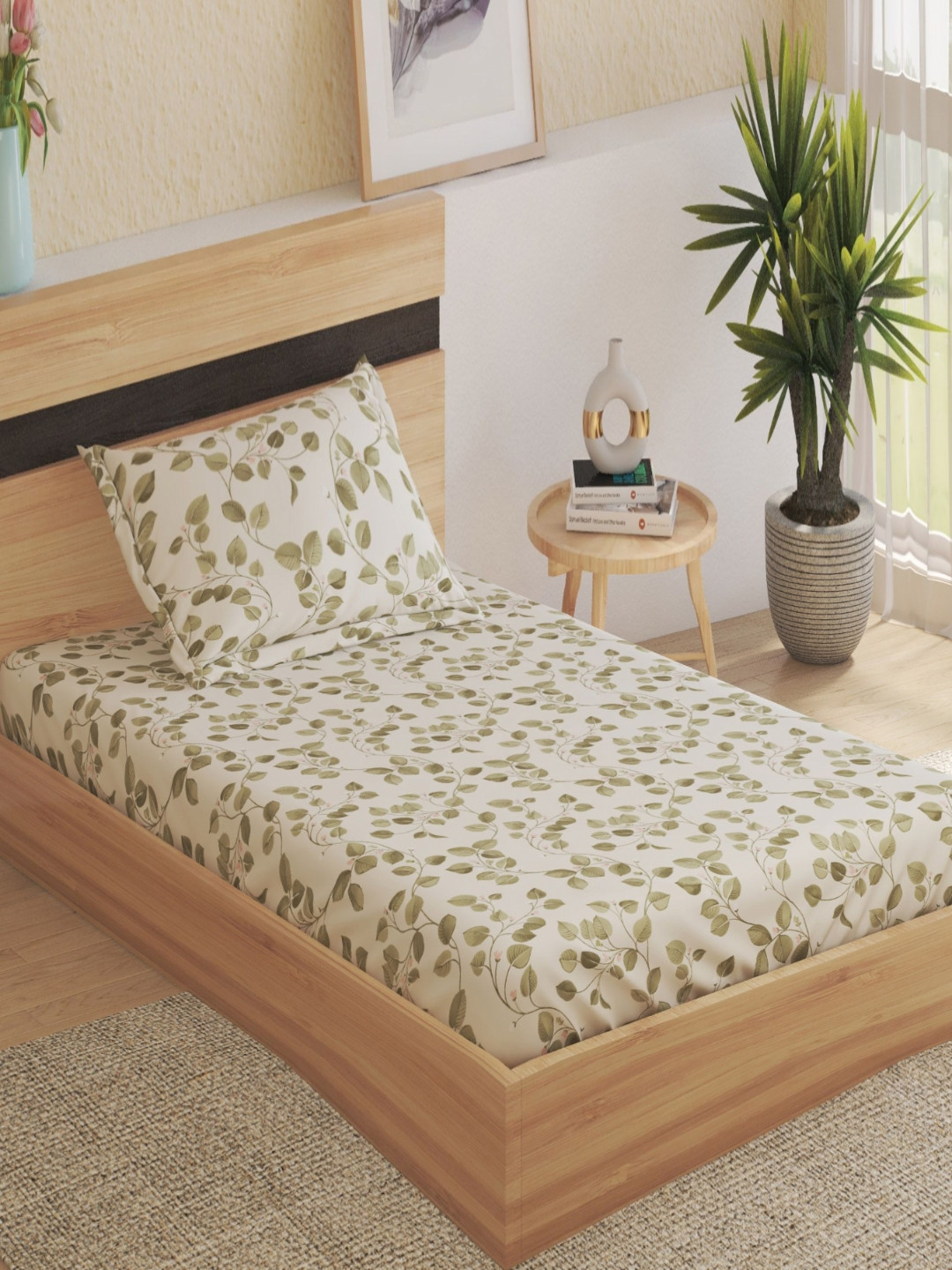 Home Centre Juniper Flint Beige Floral Polyester 160 TC Fitted Single Bedsheet with a Pillow Cover-86 x 60 inches