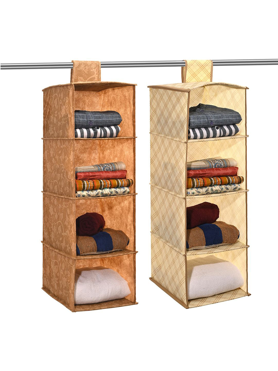 Kuber Industries Brown & Cream Colored 2 Pieces Foldable 4 Shelf Hanging Closet Organisers