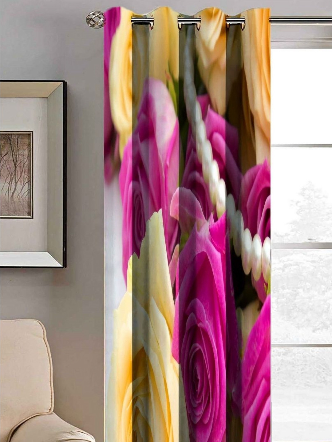 Aura Pink & Orange Floral Printed Light Blocking Window Curtain