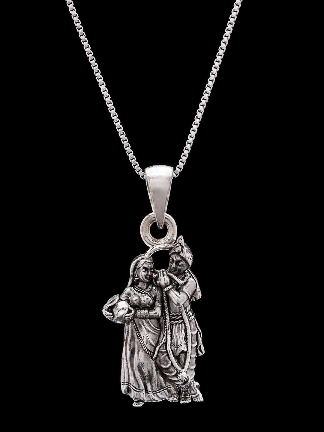 Exotic India Sterling Silver Quirky Fluting Krishna with Radha Pendant