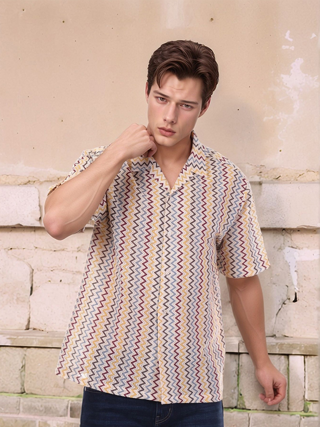 ZYNG Chevron Woven Design Semi Sheer Regular Casual Shirt