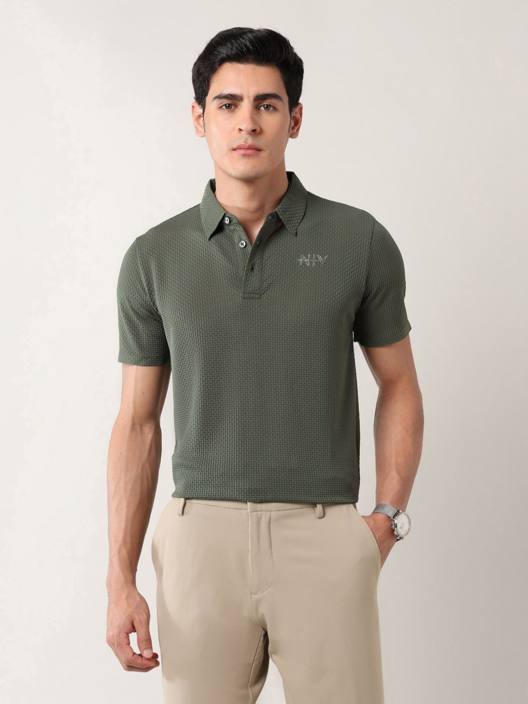 Arrow New York Men Self Design Polo Collar Cotton T-shirt