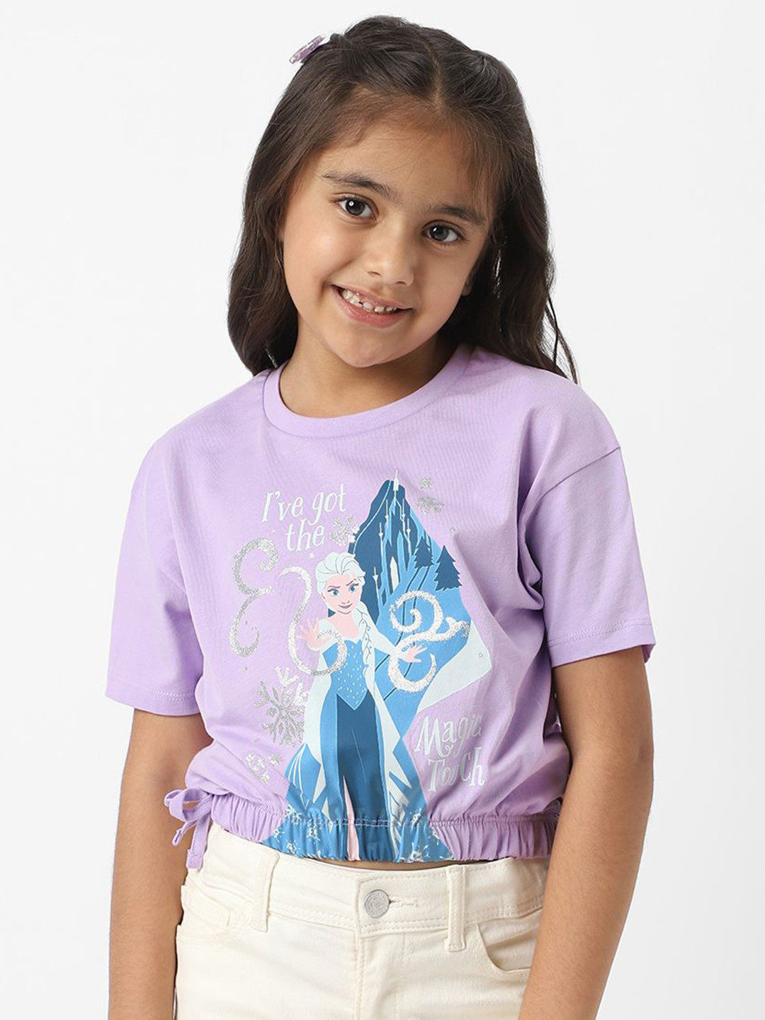 NautiNati Frozen Girls Cotton Elsa Crop T-shirt with Elasticated Hemline & Side Tie Ups