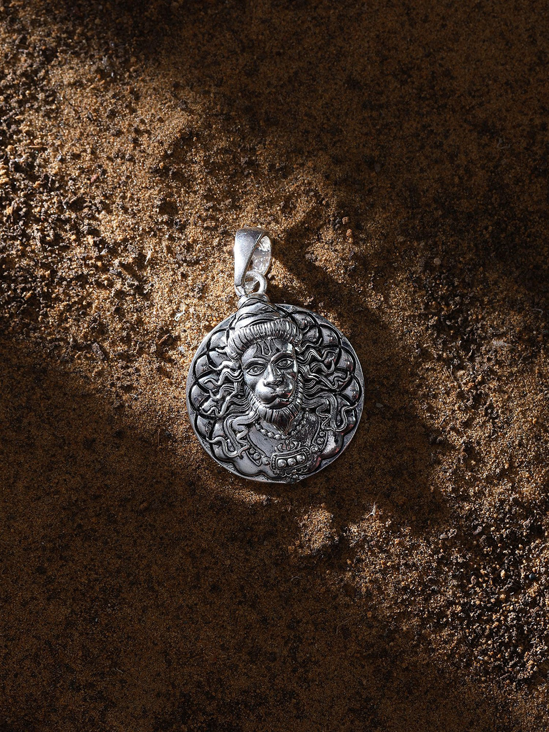 Exotic India Unisex 925 Sterling Silver Round Shape Lord Hanuman Pendant