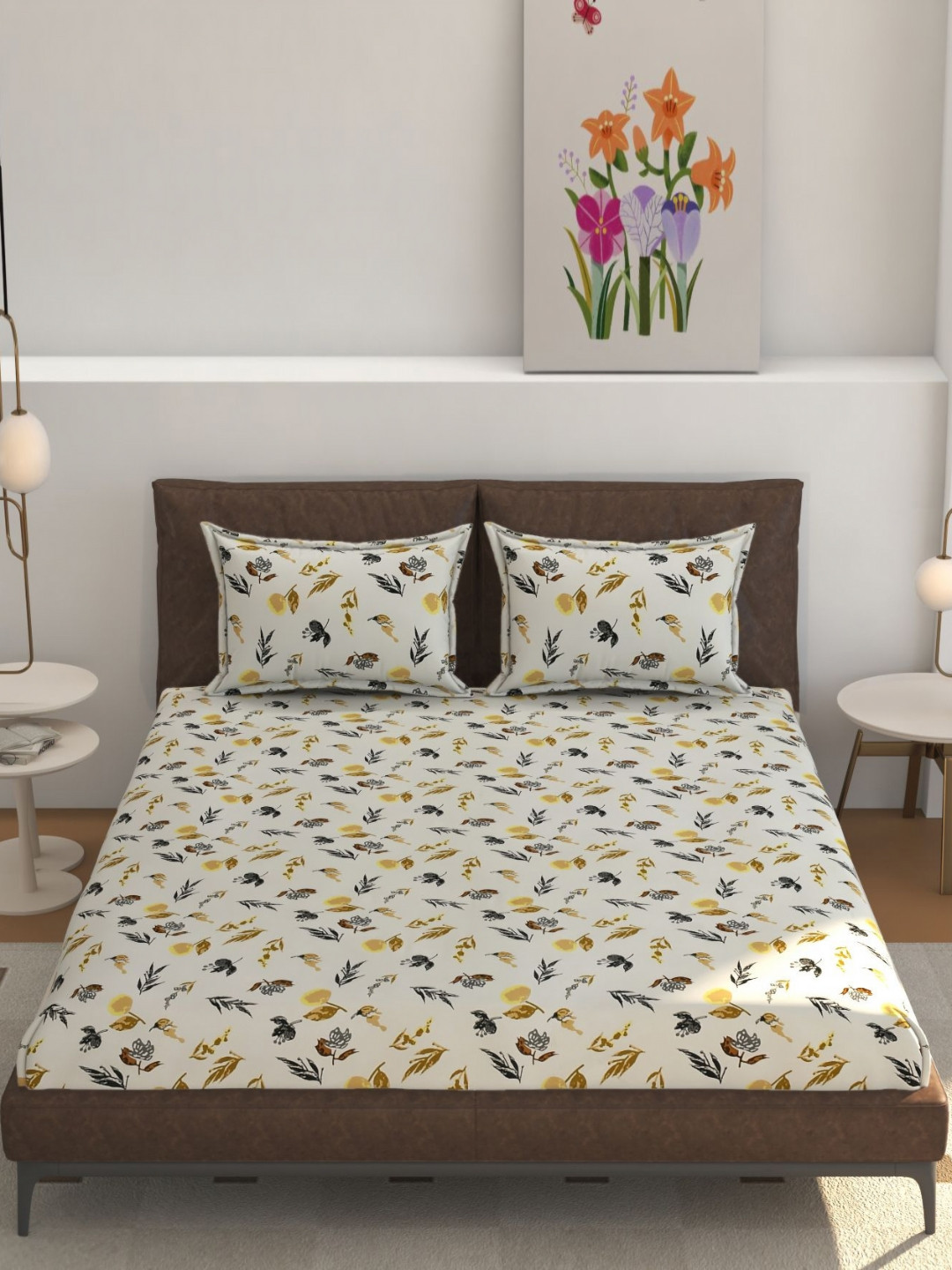 REALDREAM Presents Luxurious White Floral Cotton Super Soft 300 TC Fitted King Fine Bedsheet with 2 Pillow Covers-108 x 108 inches