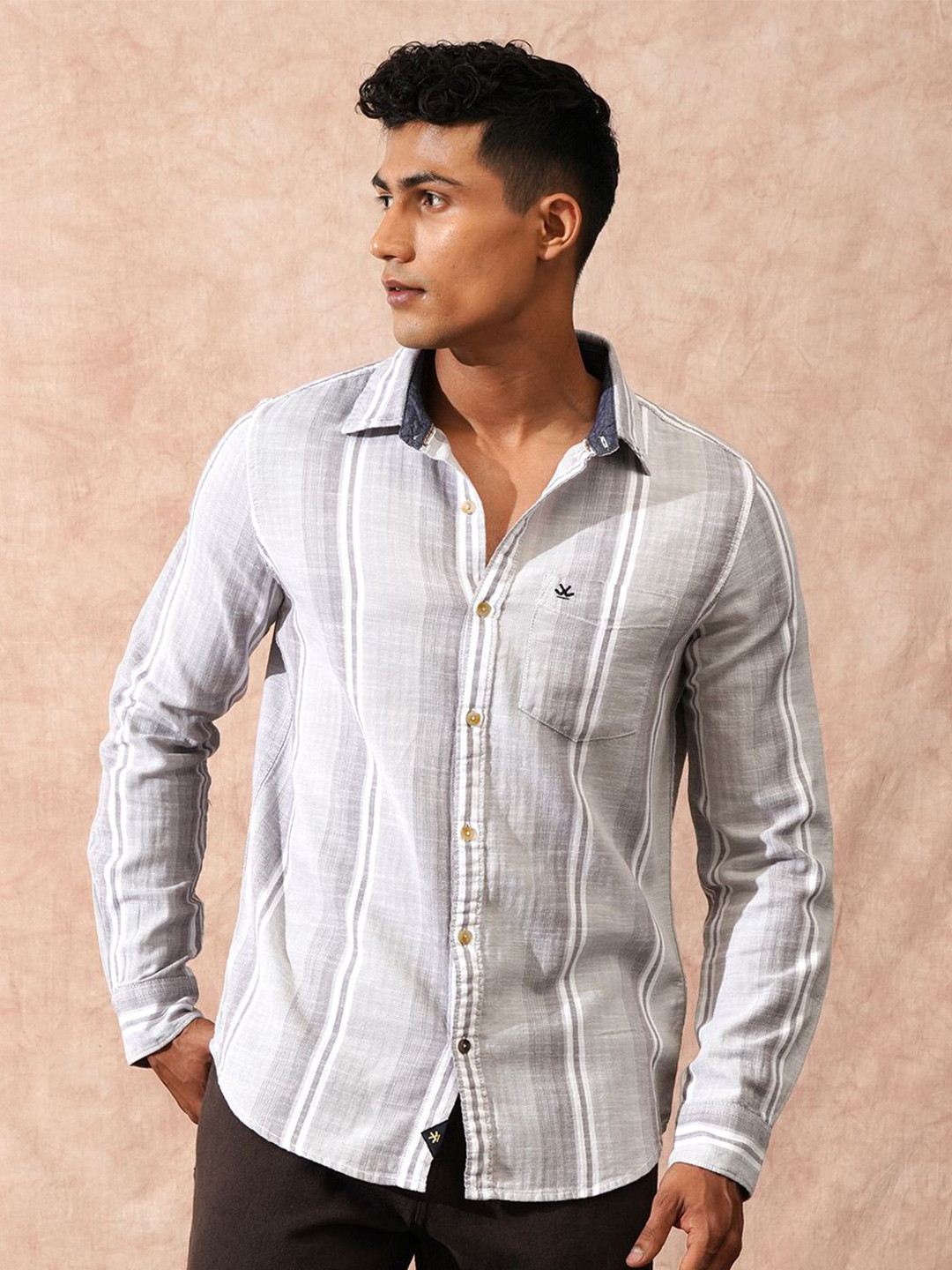 WROGN Men Comfort Slim Fit Vertical Striped Spread Collar Cotton Casual Shirt
