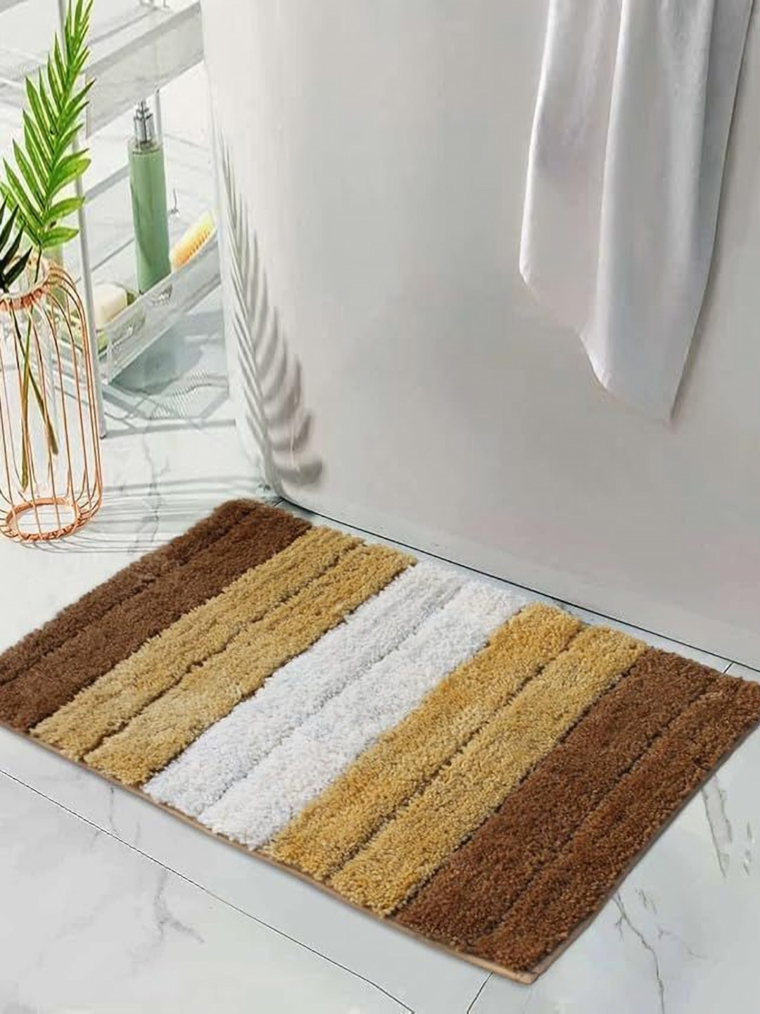 RADECOR Brown & White Striped Anti-Ski Water Absorbent Bath Rug