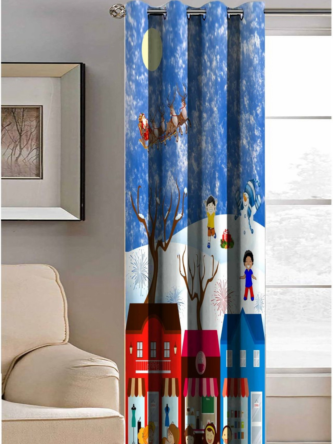 Aura Blue & White Snowman Printed Light Blocking Window Curtain