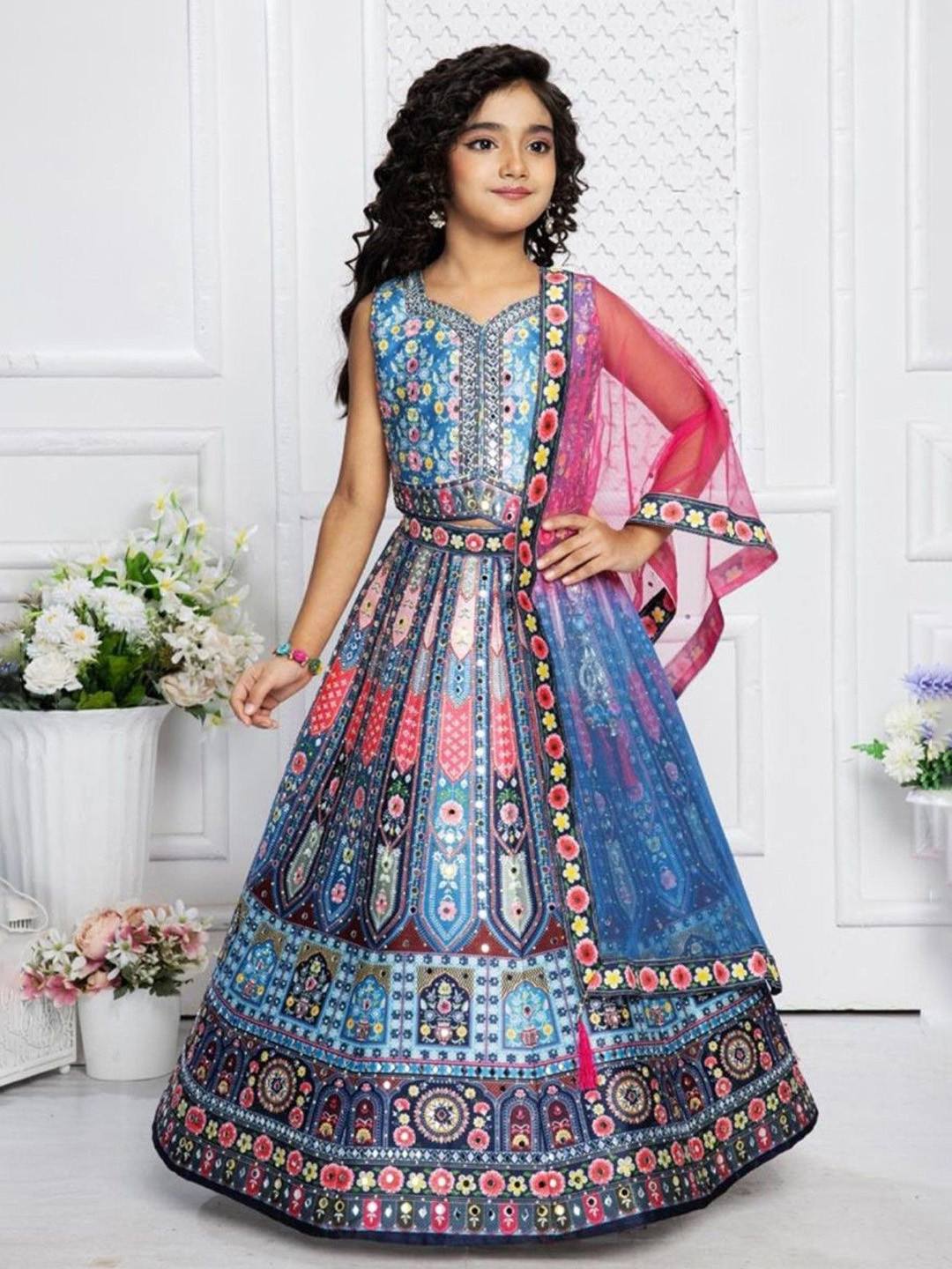 NKV Girls Printed Ready to Wear Lehenga & Blouse With Dupatta