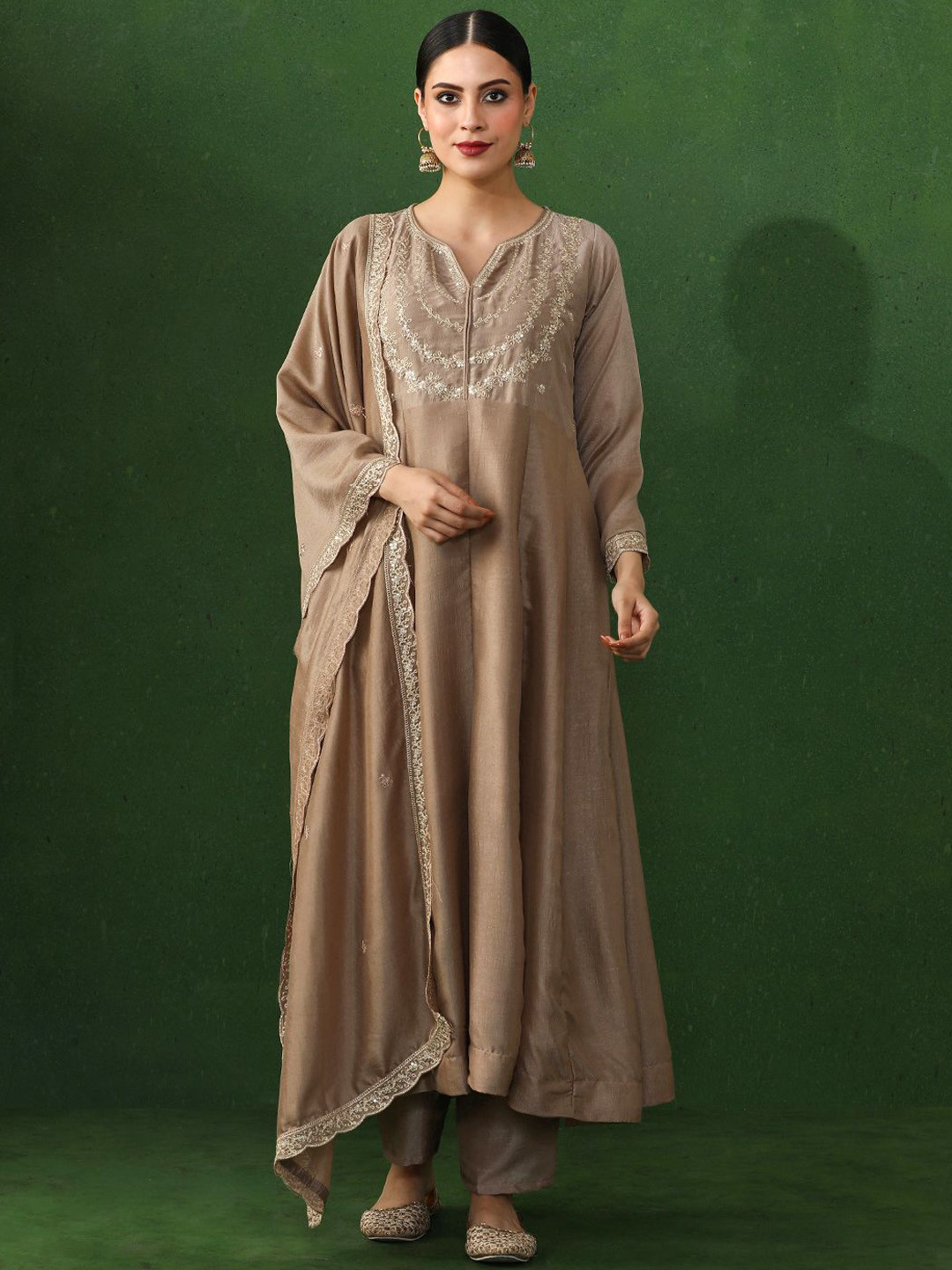 Jaipur Kurti Yoke Design Notch Neck Sequnnied Anarkali Kurta With Trousers & Dupatta