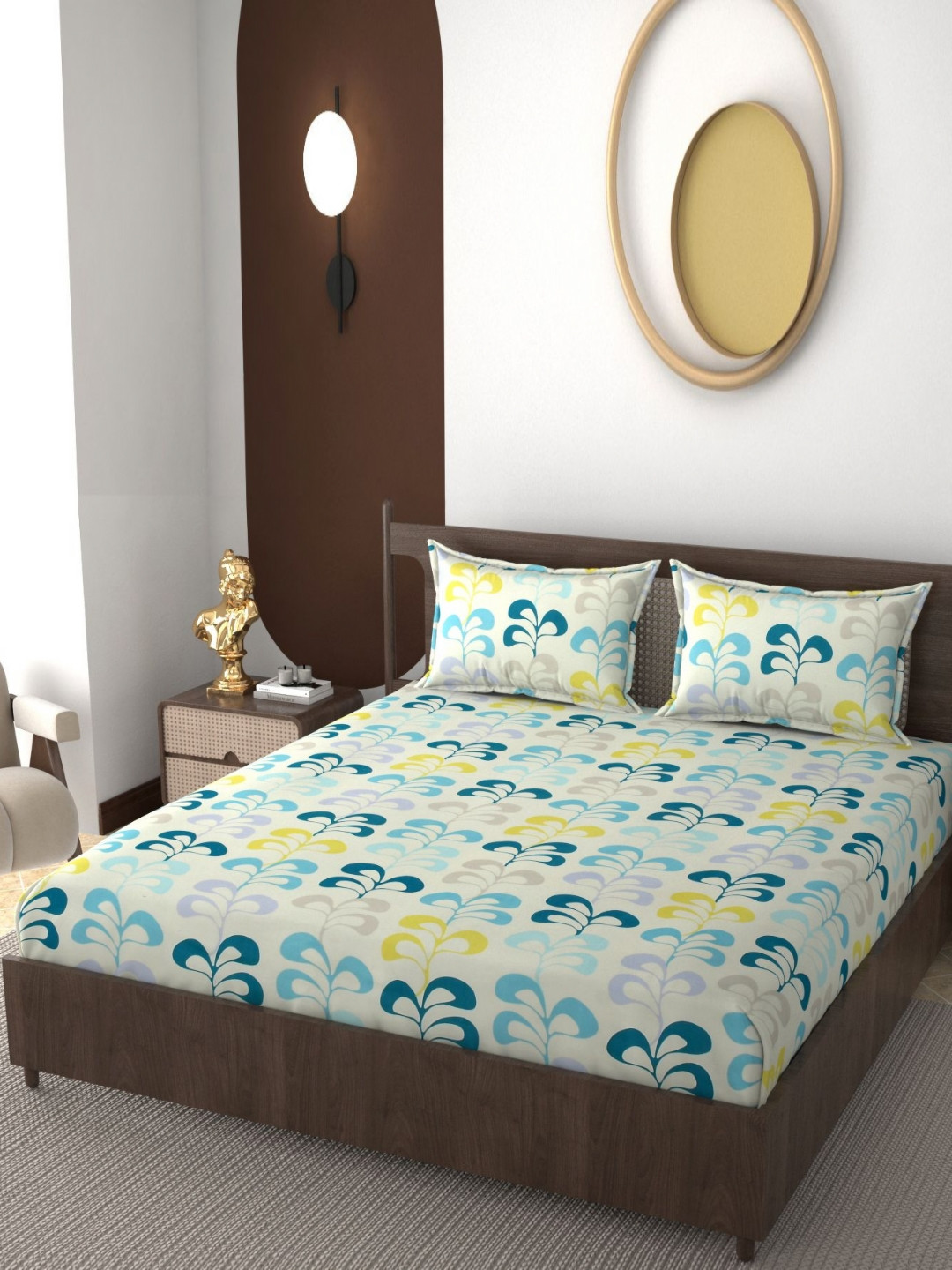 REALDREAM Presents Luxurious White Floral Cotton 300 TC Fitted King Fine Bedsheet with 2 Pillow Covers-78 x 72 inches