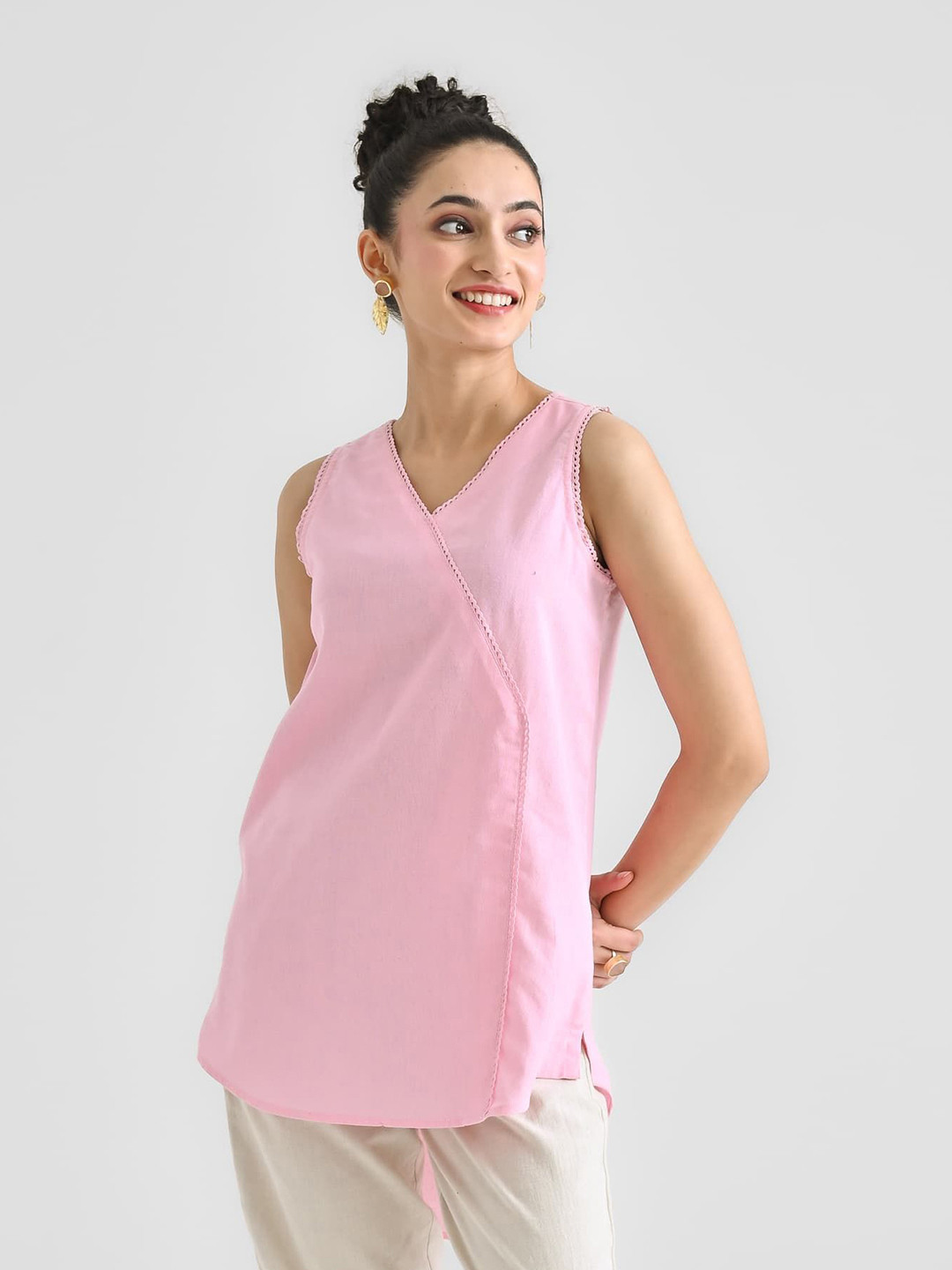 CRENOL THREADS Women Solid Sleeveless Cotton Wrap Top