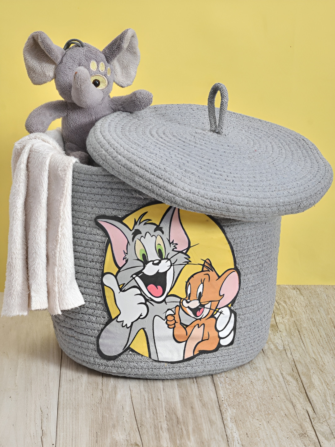 Myntra Elegant Homes Grey & Yellow Self Design Living Room Cotton Multi-Utility Organisers