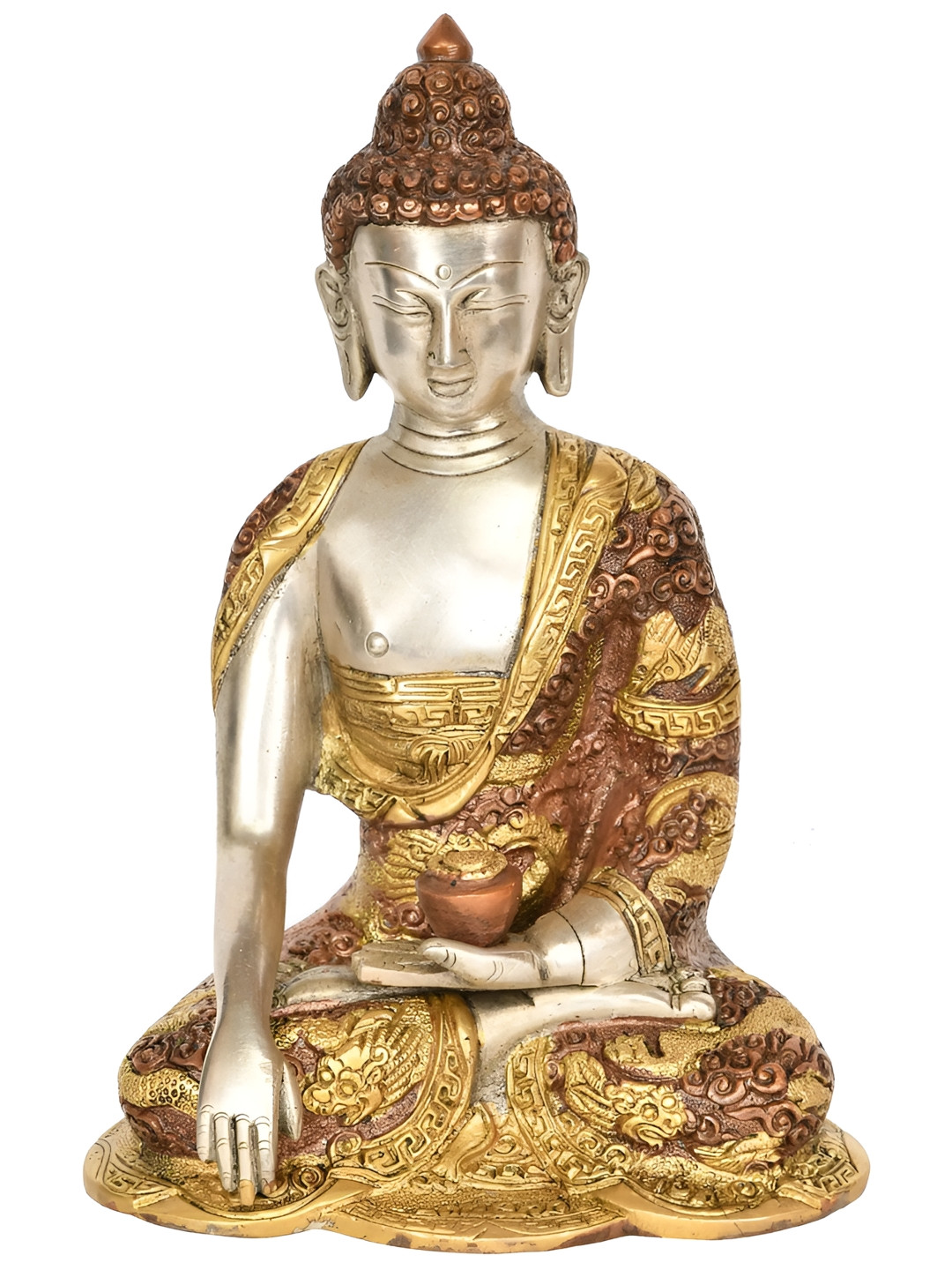 Exotic India Lord Buddha in Bhumisparsha Mudra Silver Brass Metallic Living Room Medium Showpiece - 8.5 Inches