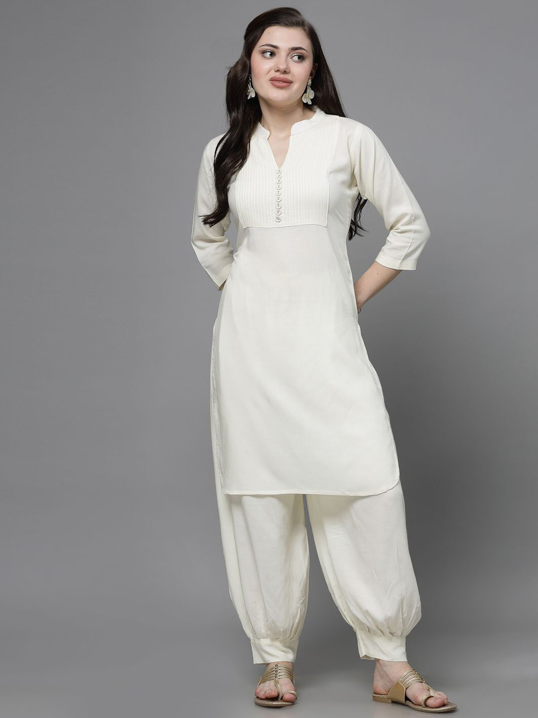 Clora Creation Pleated Yoke Design Mandarin Collar Straight Kurta With Salwar