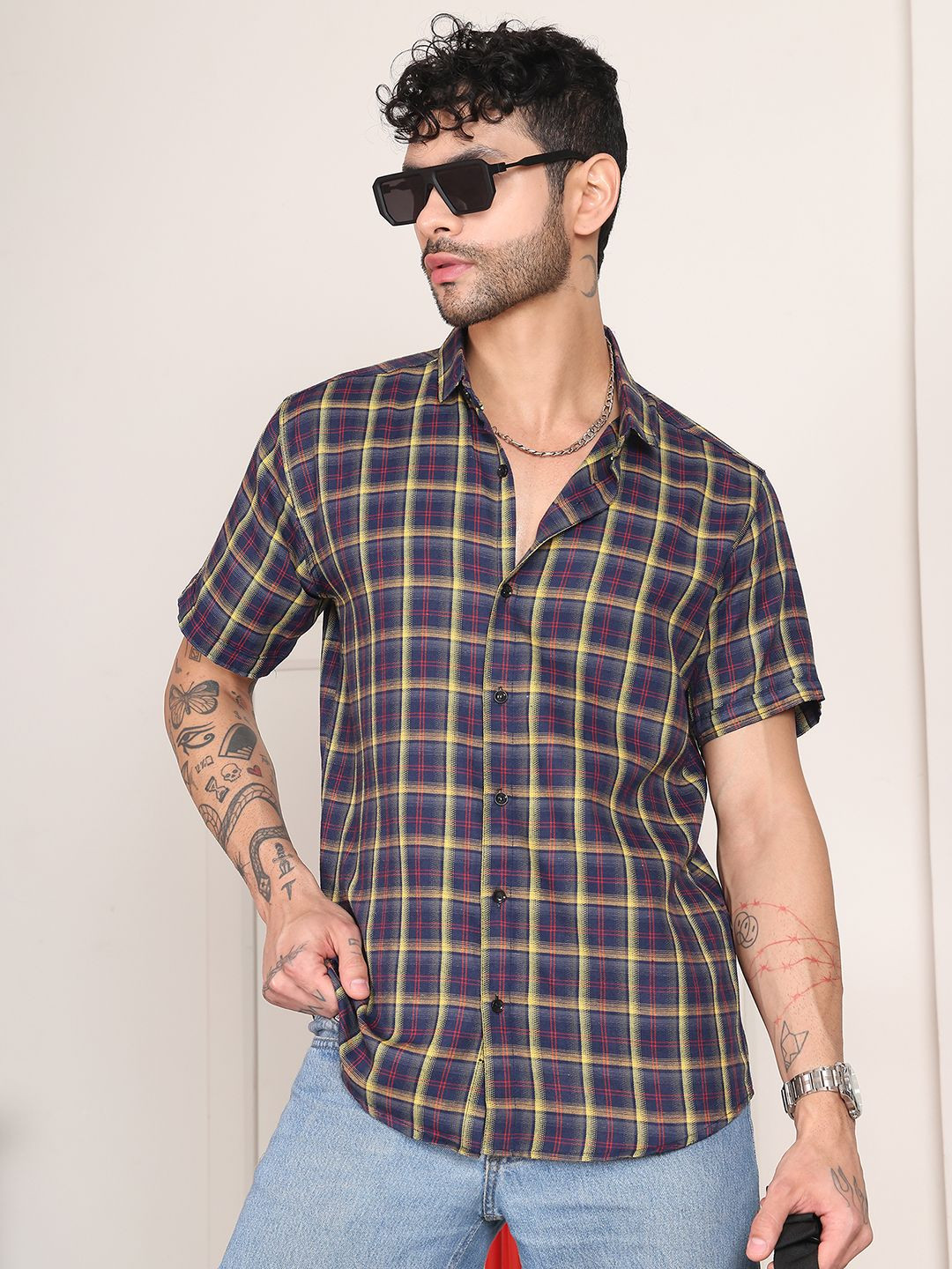 Tanip Men Checked Spread Collar Cotton Casual Shirt