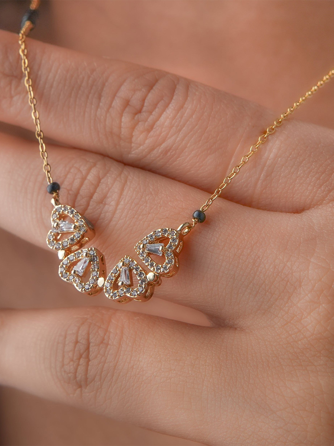 SWASHAA 18KT Gold-Plated Stainless Steel Studded & Beaded Gleaming Clover Mangalsutra