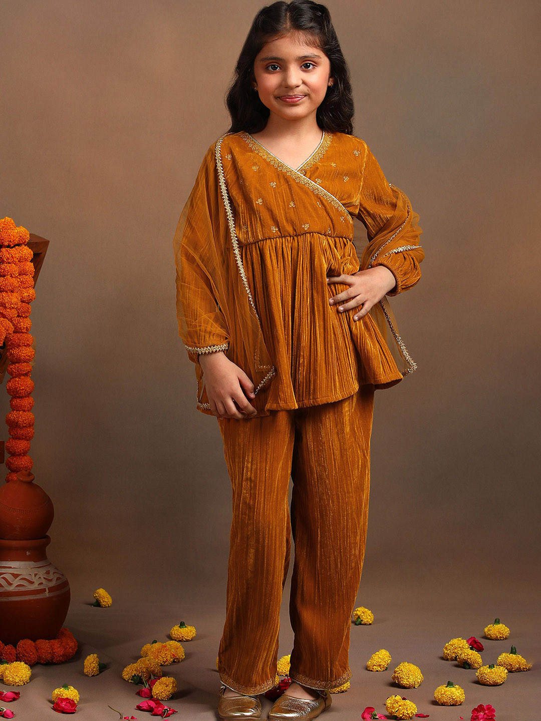 The Tribe Kids Girls Floral Yoke Design Angrakha Velvet Kurti With Sharara & Dupatta