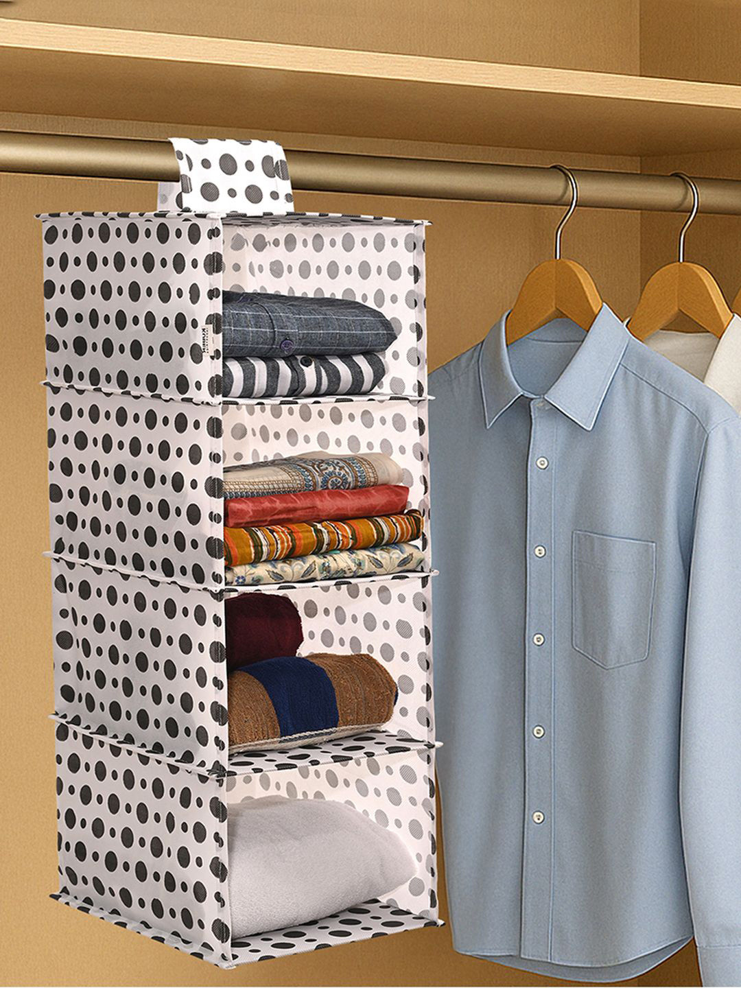Kuber Industries White & Black Non Woven 4 Shelf Hanging Closet Organisers
